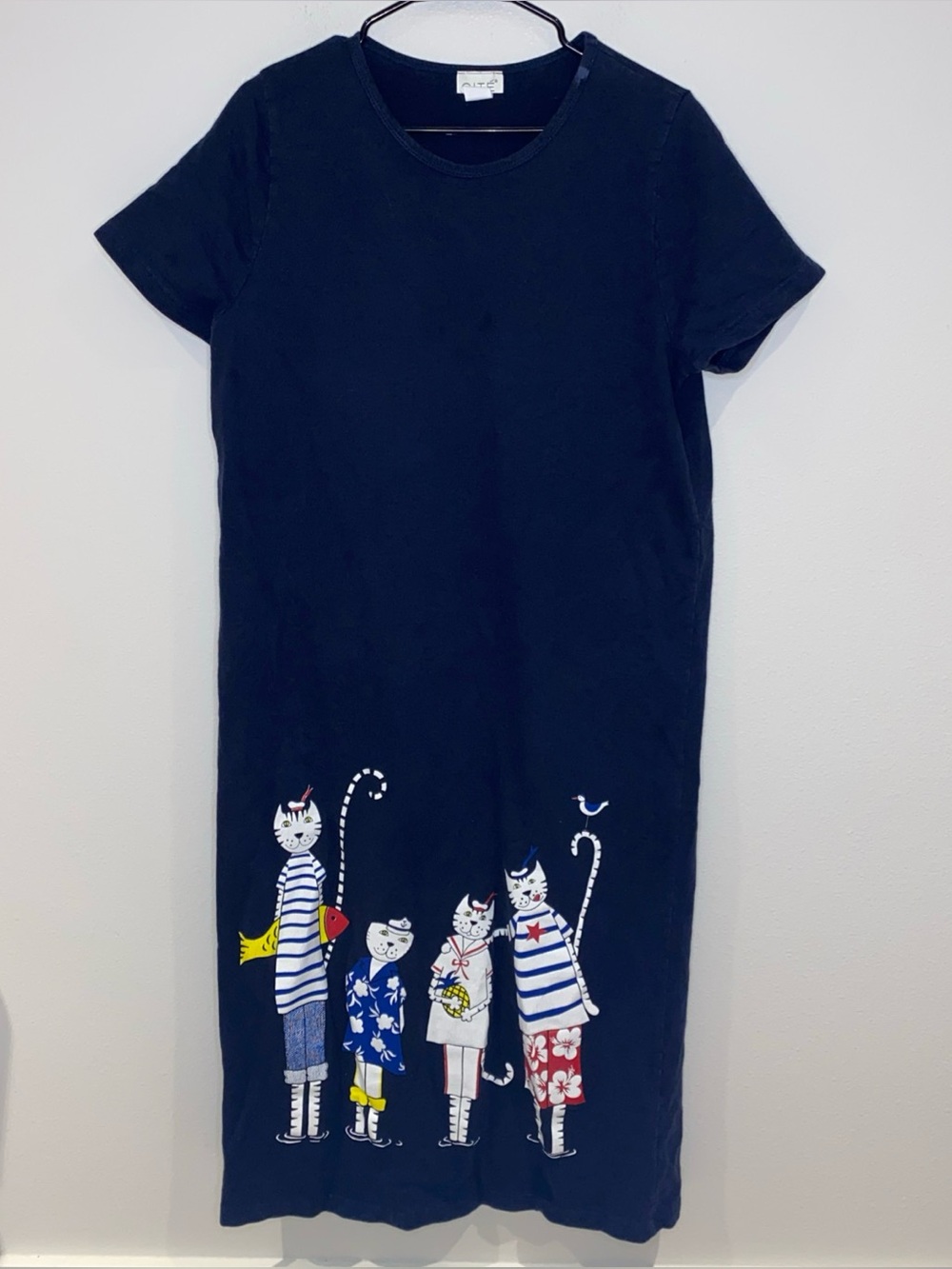 Vintage Cite Cat Dress Navy Blue Woman’s L Rare Nautical Cats Long Dress